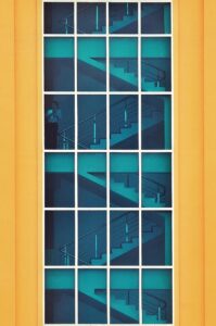 stair, windows, glass door, net, yellow, blue, skyscrapers, minimalism, tran thang nhat, 5 plus english